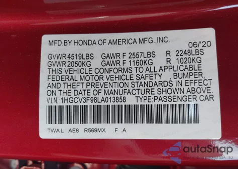 2020 Honda Accord Hybrid Touring z USA, uszkodzony, nr VIN 1HGCV3F98LA013858